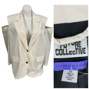 Future Collective Blazer Womens 2X Cream Solid Open Shoulder Oversized Basic